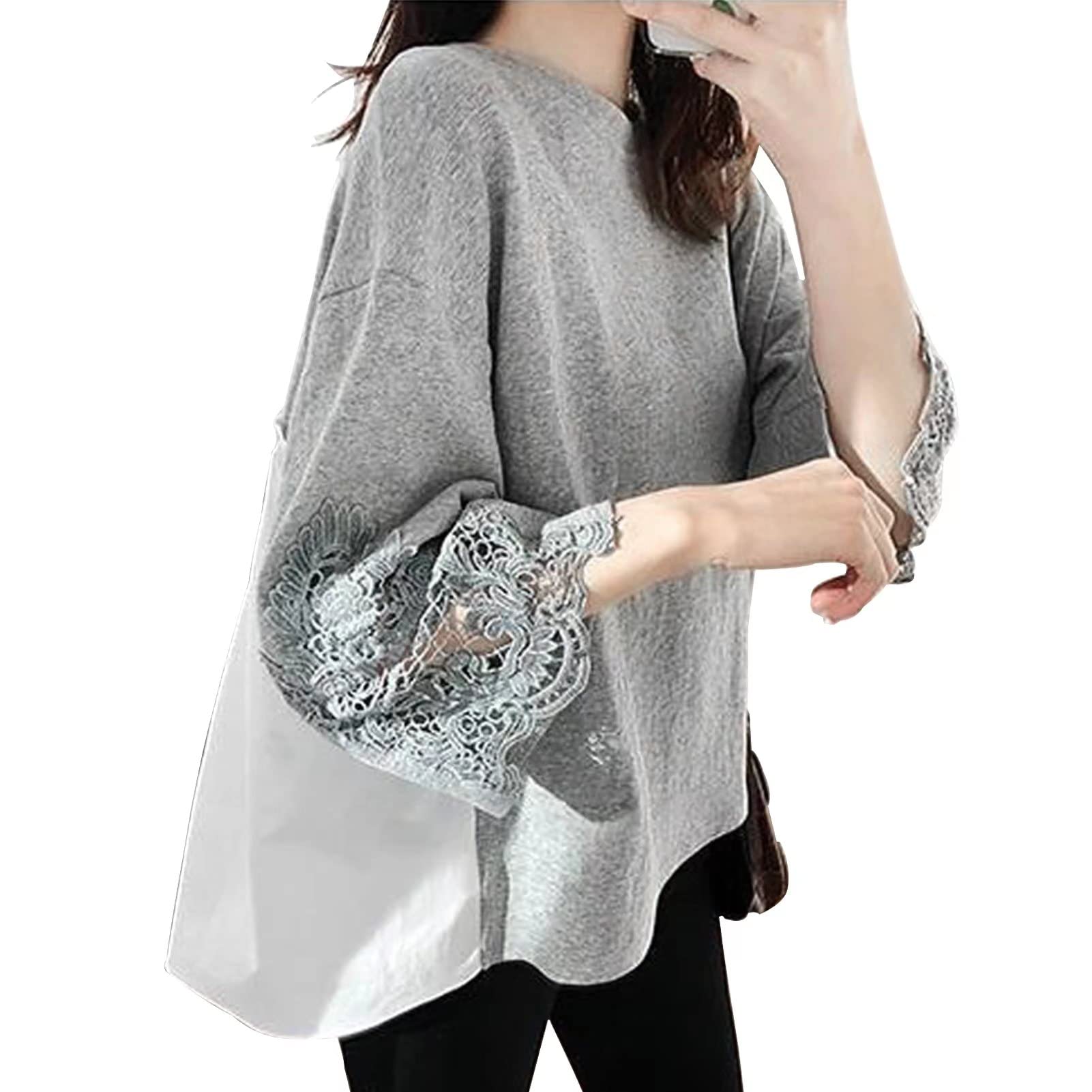 

Floral Crew Large Autumn [KumiModa] Women s T-shirt, 3/4 Sleeve, Embroidered, Lace, Pattern, Neck, Top, Size, Stylish, Cute, Thin, Sheer, Slimming, серый