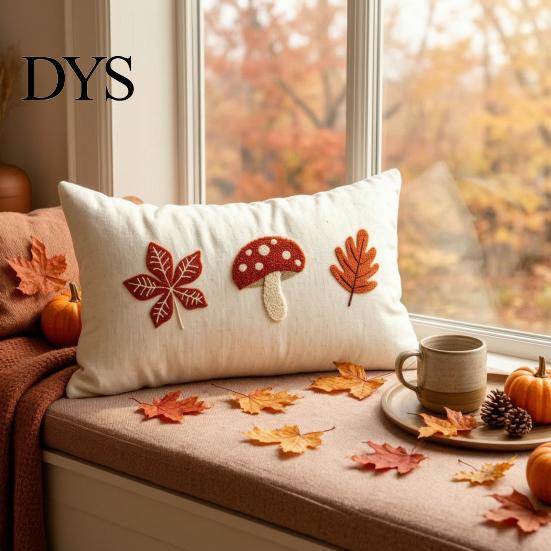 Soft Breathable Sofa Pillow Cover Autumn Embroidered Pillowcase, Mushroom Leaf Throw Cover, 18"x18" 20"x12" Square Bed Farmhouse for Bedroom