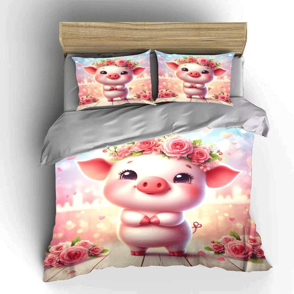 Romantic Floral Pig Themed Set Exquisite Three-Piece Bedding Set Gift For Kids And Adults