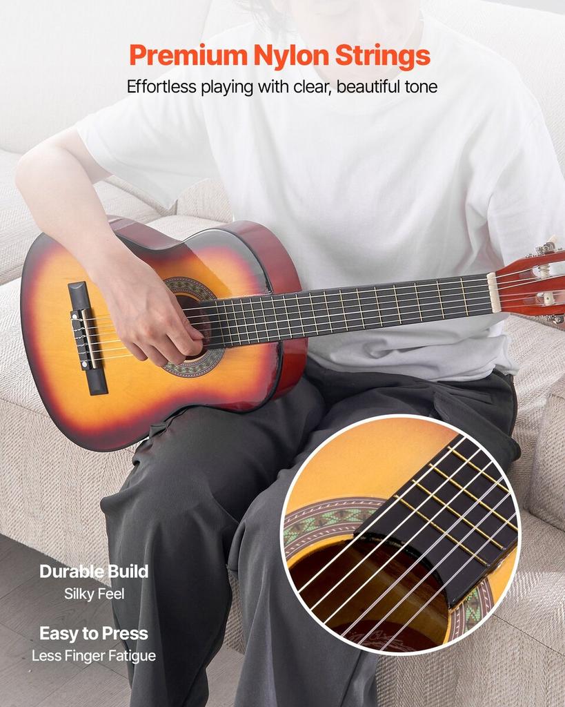 Classical Guitar, 780 mm, Wood Classical Guitar Starter Kit for Beginners, with Nylon Strings, Gig Bag, Strap, Tuner, Extra Strings, Picks, Capo,