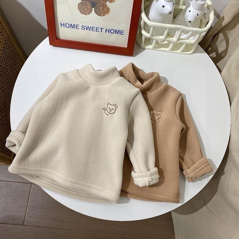 Kinder Herbst Winter Kleidung mit Samtverdickung für Mädchen Baby Stehkragen Jungen Warmes Bären-Sweatshirt Niedlicher Pullover mit Bärenstickerei