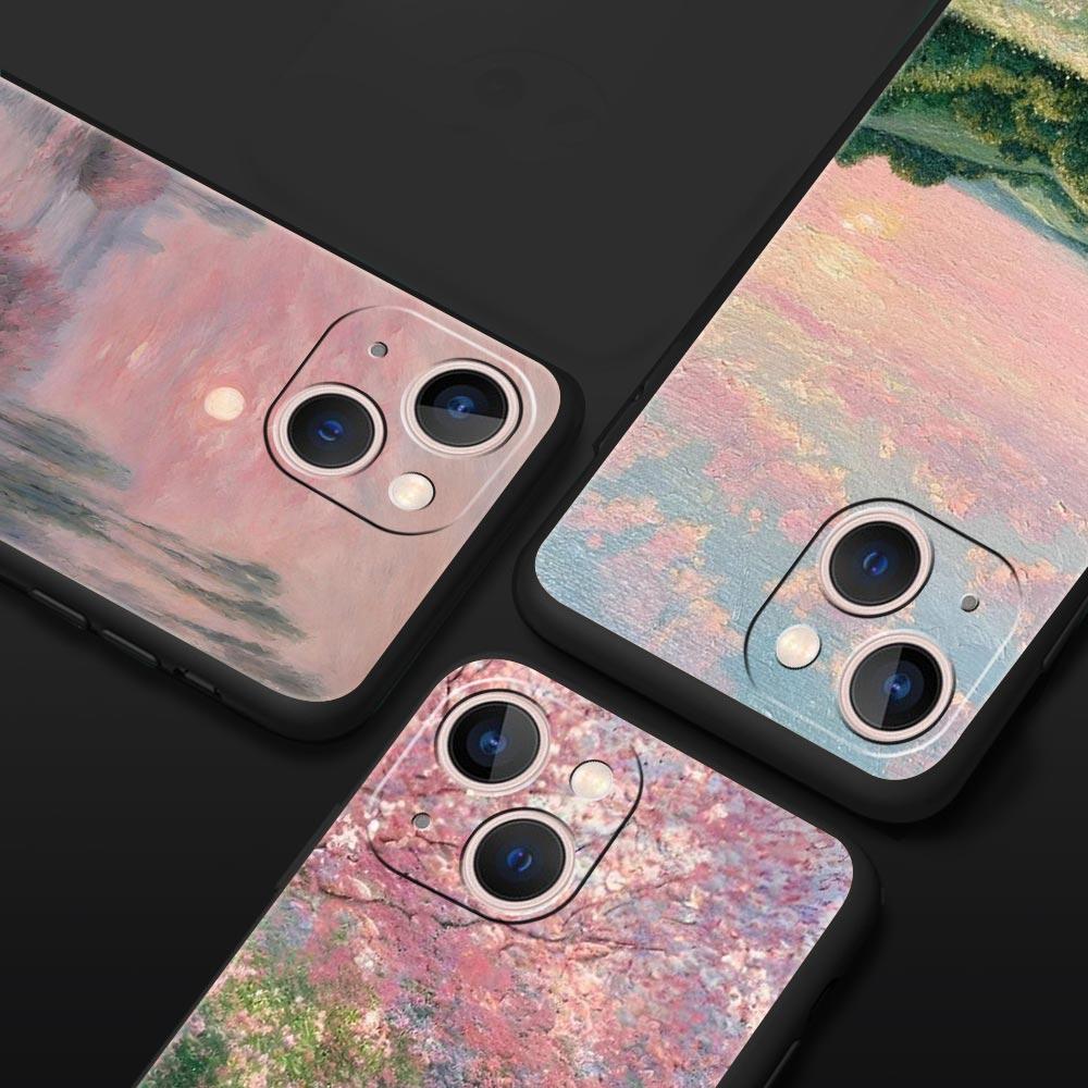 Claude Monet Jardin Peinture Art Étui de Téléphone Pour iPhone 17 16 15 Pro Max 11 12 13 14 7 8 Plus SE 2020 X XR XS Coque Souple Noir