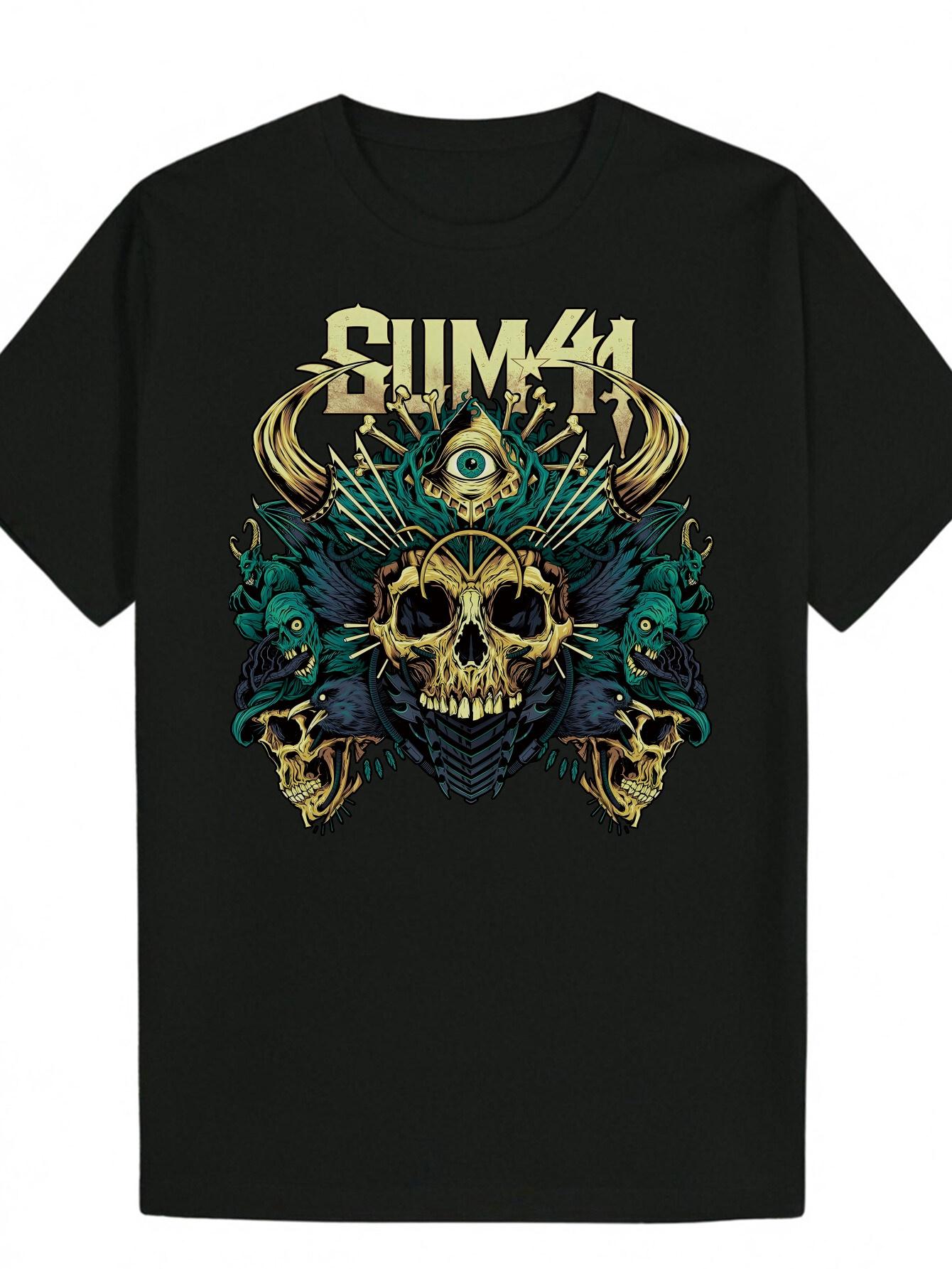 Crew Neck Polyester T-shirt with Intricate Skull & Eye Design - Black XXL