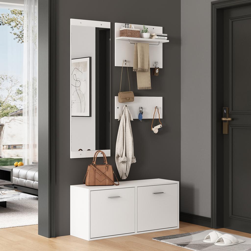 90*30*41.5cm 4-Piece Coat Rack Set with Mirror, 2 Hat Shelves and Shoe Cabinet, Compact Coat Rack with 6 Coat Hooks, White