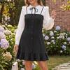 VONDA Womens Patchwork Dress Long Sleeve Doll Collar Bow Tie Ruffle Hem Button Down A Line Mini Dress