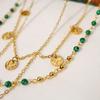 French Retro Style 18K Plated Real Gold Collarbone Chain, Malachite Beaded Titanium Steel Necklace Multi-Layer Stacking Design