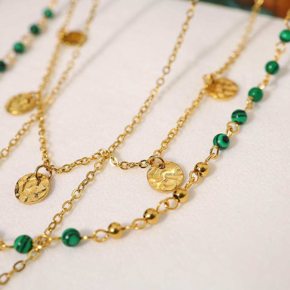 French Retro Style 18K Plated Real Gold Collarbone Chain, Malachite Beaded Titanium Steel Necklace Multi-Layer Stacking Design