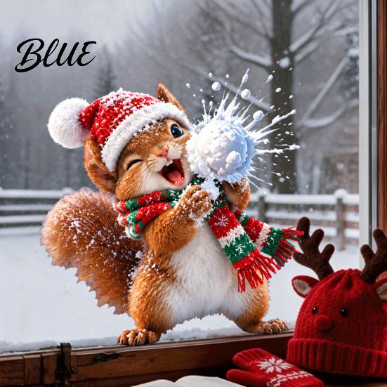 Christmas Party Supplies Squirrel Window Cling with Santa Hat and Scarf Design Cute Snowball Static Winter Wonderland Decor Glass Sticker Removable