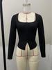 Women's Y2K Spicy Girl Square Neck Long Sleeve Knitwear Buttoned Top for Autumn/Winter