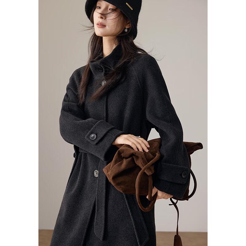 VICTORIA&VERA Women's Cashmere Blend Belted Stand-Up Collar Wool Coat