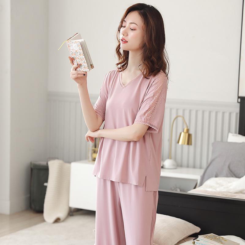 Pajamas Ladies Summer Modal Short Sleeves Long Pants Middle-aged Mom Loungewear Summer Thin Loose Large Size Suit