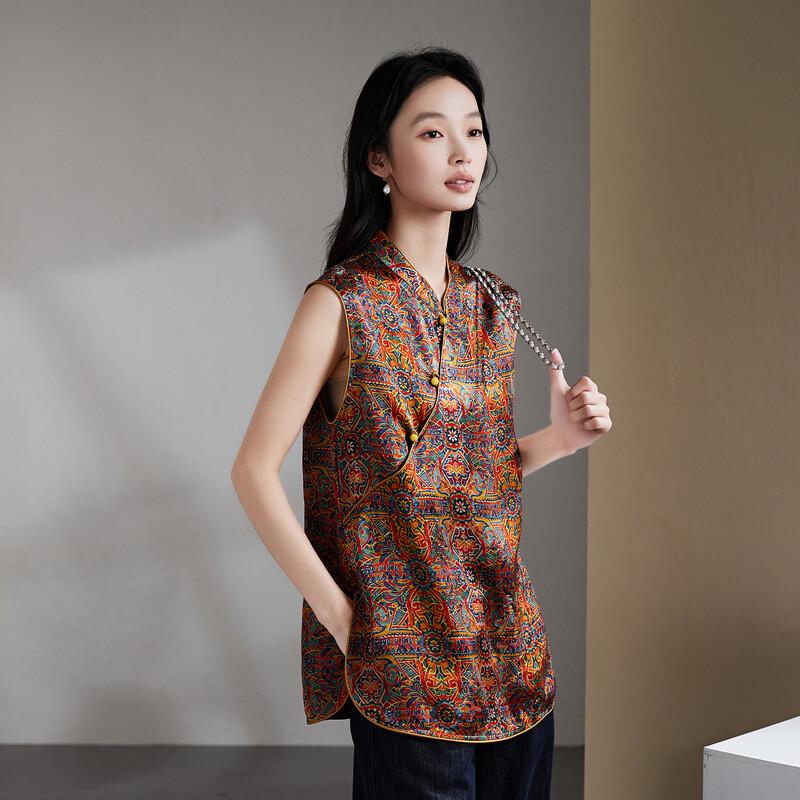 SOFSIL 2026 Summer New Chinese Style Print Sleeveless Stand-Collar Silk Blend Blouse L