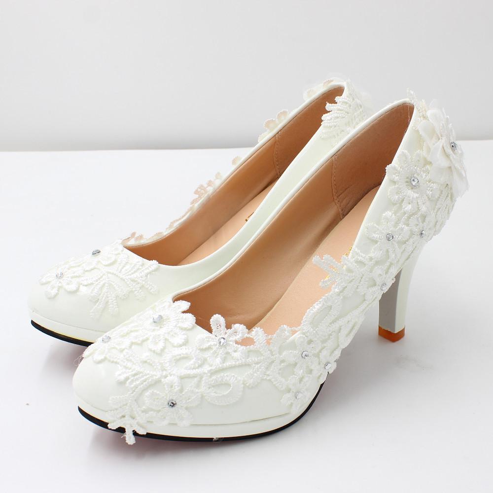 Scarpe da Sposa con Tacco Alto e Punta Tonda in Pizzo Bianco per Donna, Taglia Grande, BH2111
