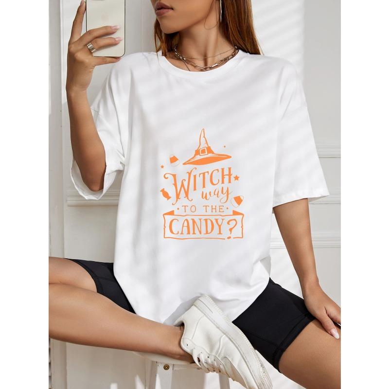 White Oversized T Shirt Witch Way To The Candy Halloween Print For Women Casual Autumn Outfit