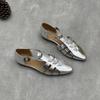 Johnature Handmade Genuine Leather Pointed Toe Sandals Retro Hollow Buckle Woven Cowhide Women's Shoes