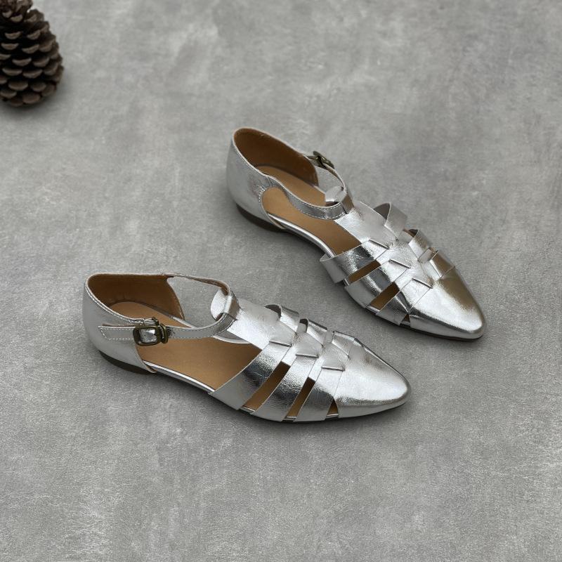 Johnature Handmade Genuine Leather Pointed Toe Sandals Retro Hollow Buckle Woven Cowhide Women's Shoes