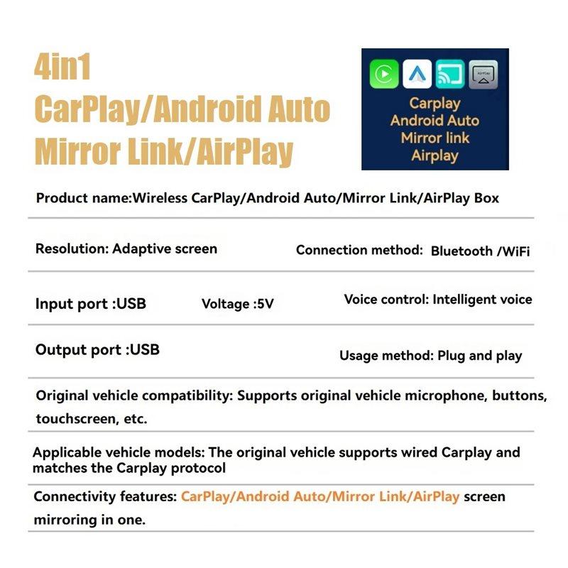 ABUO-Wireless For Carplay 4In1 AI Box USB Dongle Wired Connection For Android Auto/Mirror Link/Airplay In For Car
