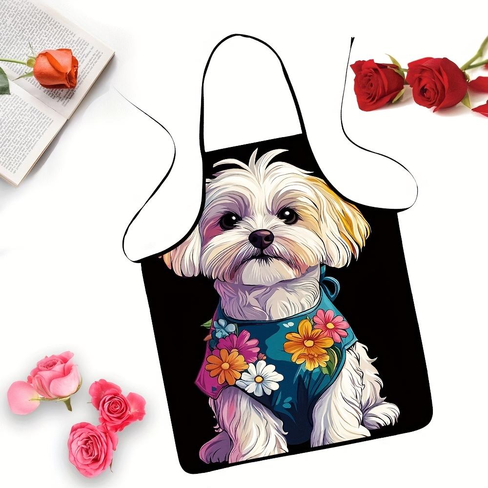 Cute Dog Print Kitchen Apron Colorful Floral Pet Theme Linen Cooking Bibs Funny 3D Dog Multi Sizes