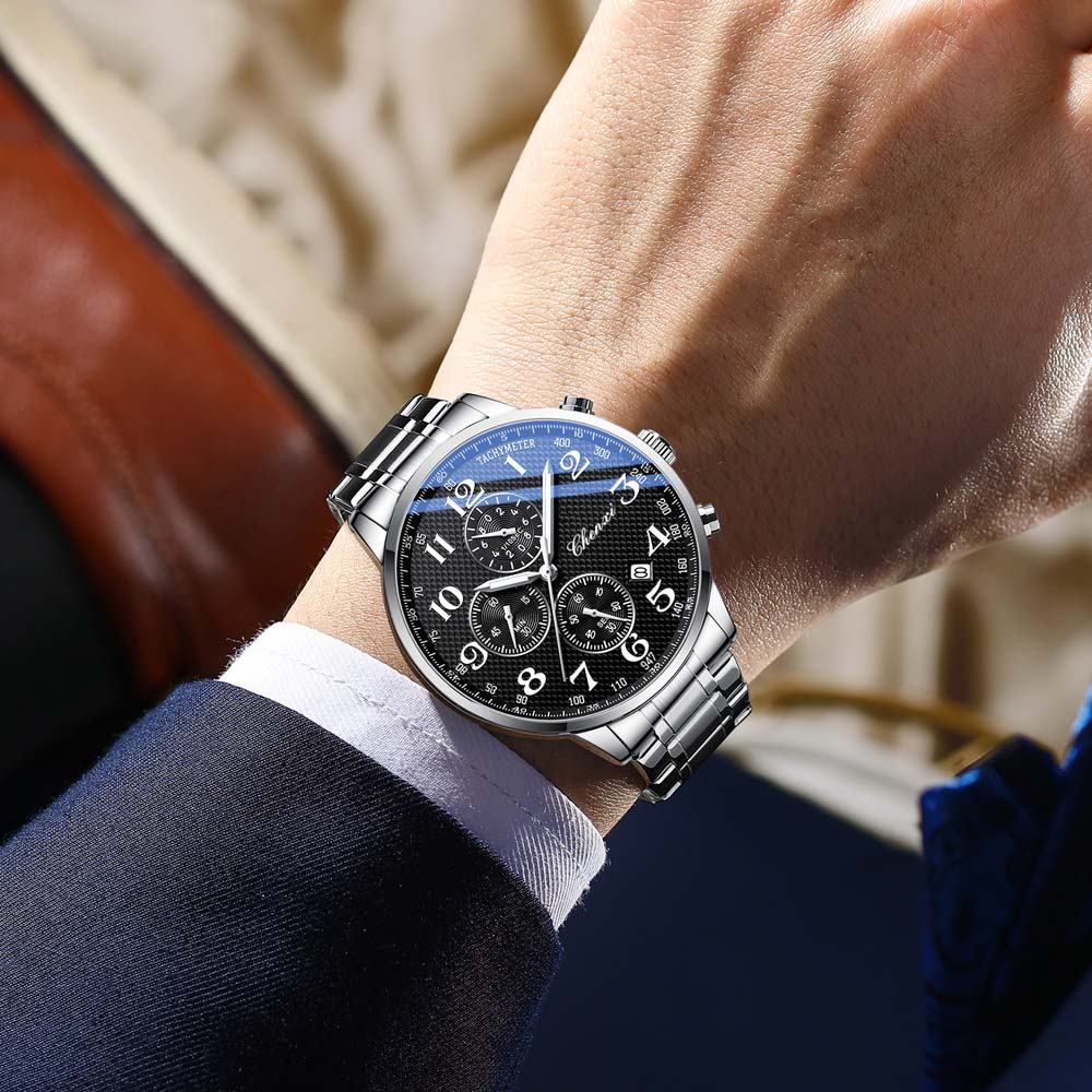 CHENXI Multifunctional Men's Watch, Real Three-Eye Six-Needle Calendar Chronograph, Stainless Steel Strap, Quartz Movement
