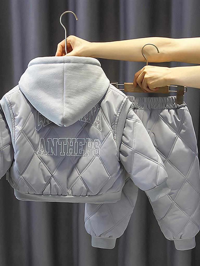 Children's Fleece-Lined Hoodie Set: Padded Vest, Cotton Pants, Baby Outerwear for Autumn & Winter