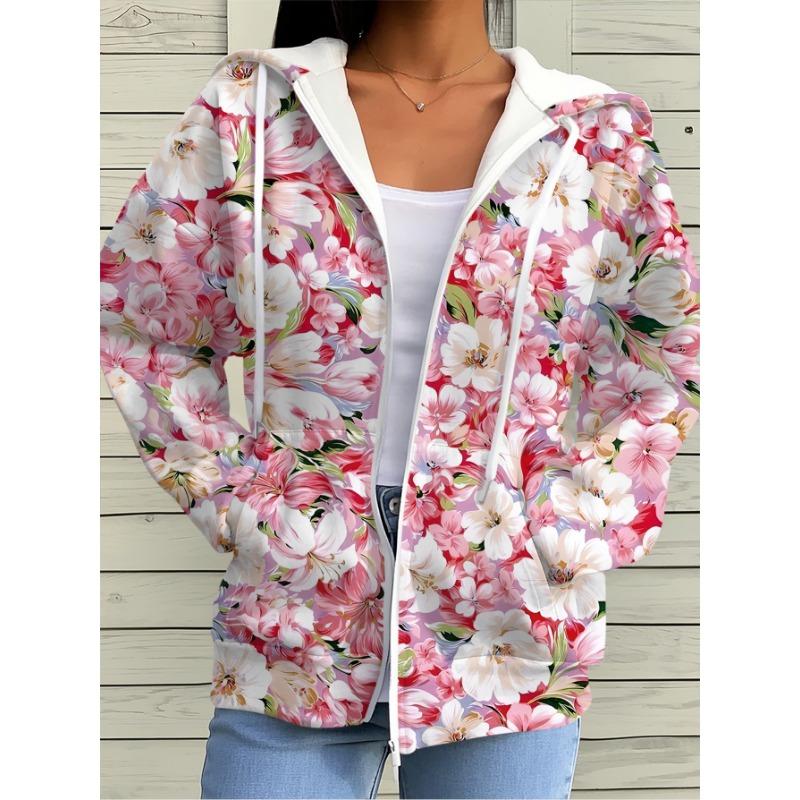 Pink and White Floral Print Women s Zipper Hooded Sweatshirt Jacket S