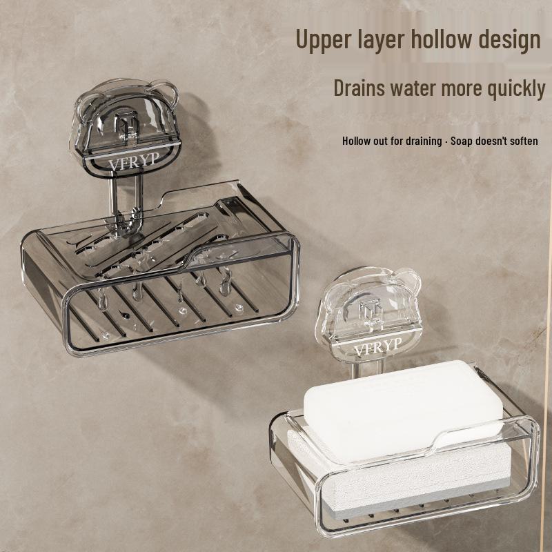 Little Bear Suction Soap Dish: Wall-Mounted, Double Layer, Punch-Free Draining Holder with Sponge