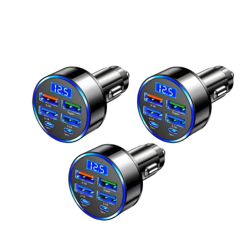 6 In 1 Car Charger Adapter Digital Display LED 4USB+2PD DC12-24V Fast Charging Cigarette Lighter Socket Multi Port for Phone