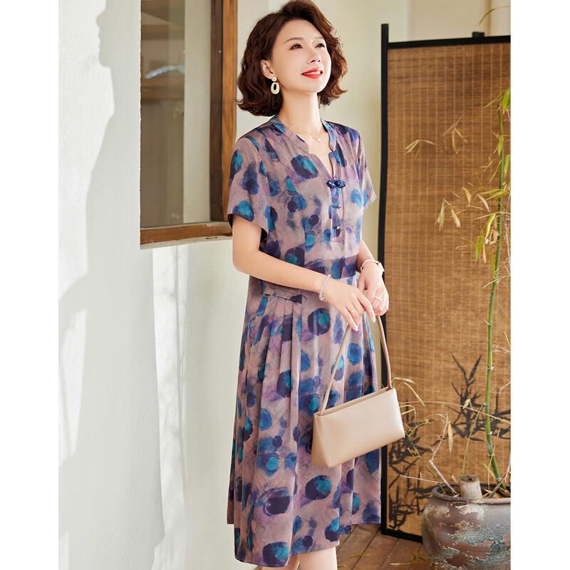 Pasiter Summer Chinese Style V-neck Qipao Button Printed Midi Dress