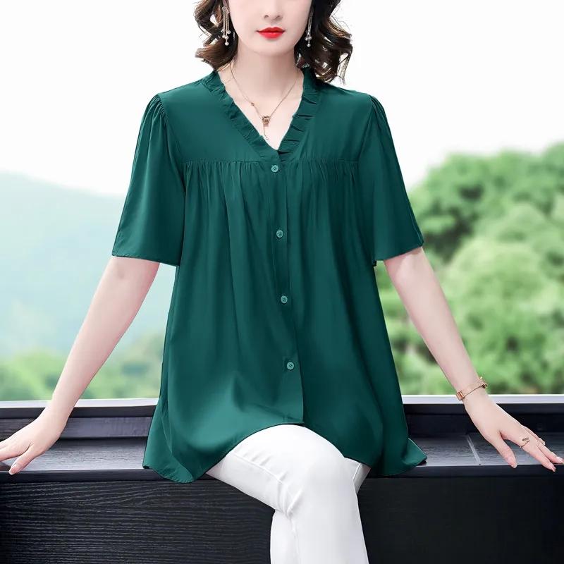 

Летний размер женской средней длины, маленькая рубашка, свободная футболка, топ с короткими рукавами 6XL зелёный