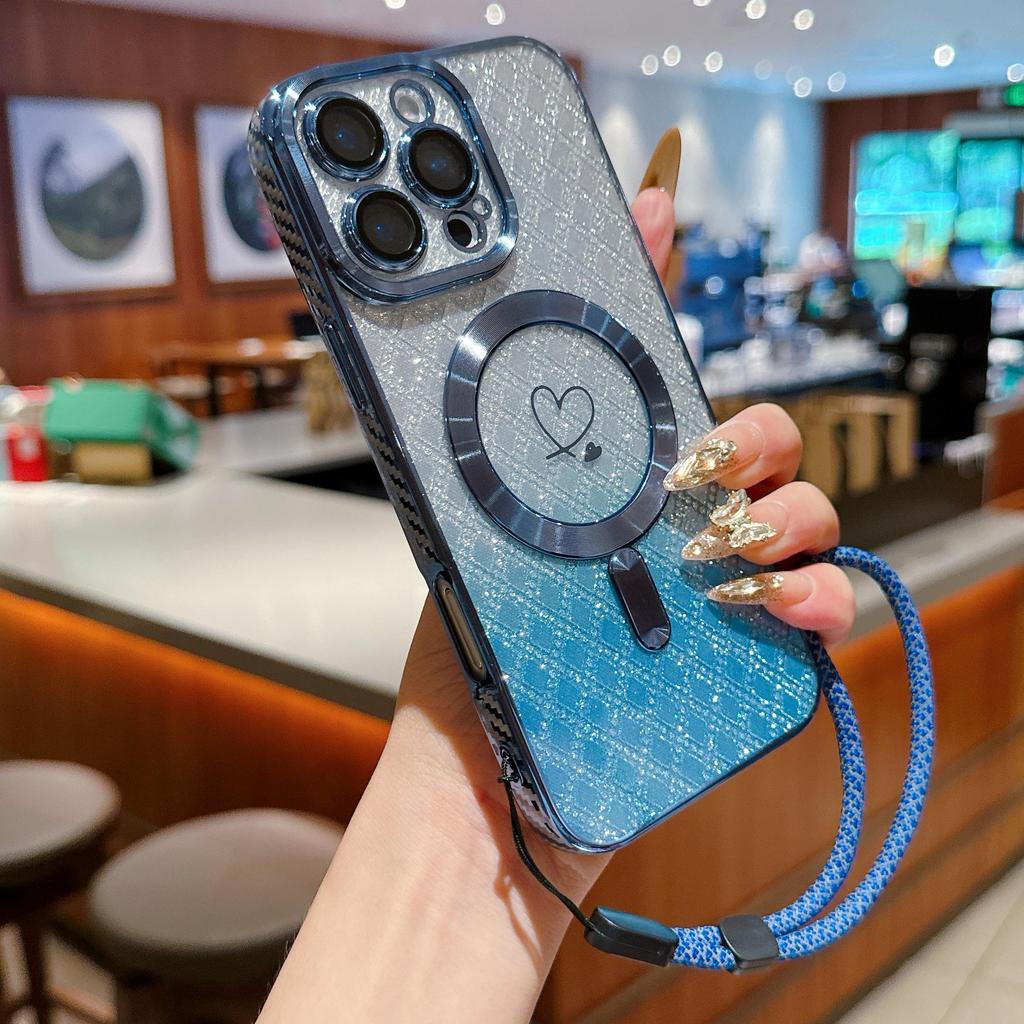 Lanyard Magnetic Gradient Color Glitter Bling Camera Lens Protect Bumper Phone Case For iPhone 17 Air 16 15 Pro Max Samsung S25 S24 Protective Cover