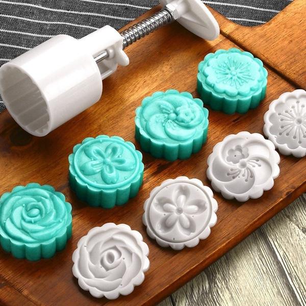 5Pcs/Set Flower Decor Mold 4 Stamps Pastry Hand Pressing Cookie MoonCake Cutter