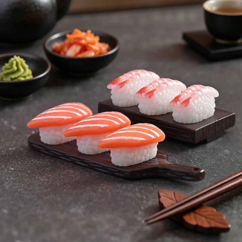 10 Stück Mini Japanisches Sushi Modell Lachsrogen Süßgarnelen Sushi Miniatur Essen DIY Harz Zubehör Anhänger Puppenhaus Dekoration