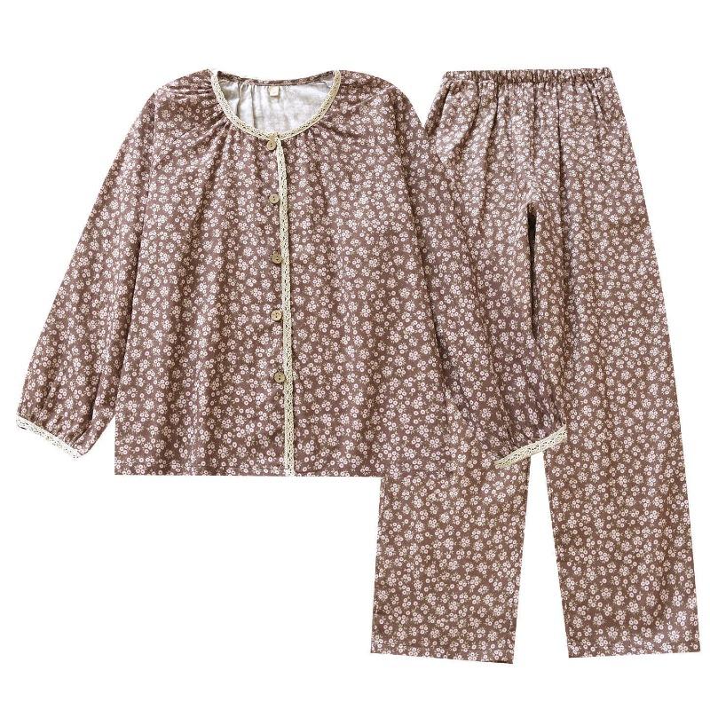 2026 New Spring and Autumn Women's Pajama Set 100% Cotton Gauze Floral Long Sleeve Long Pants Two Piece Set Loose Home Clothes