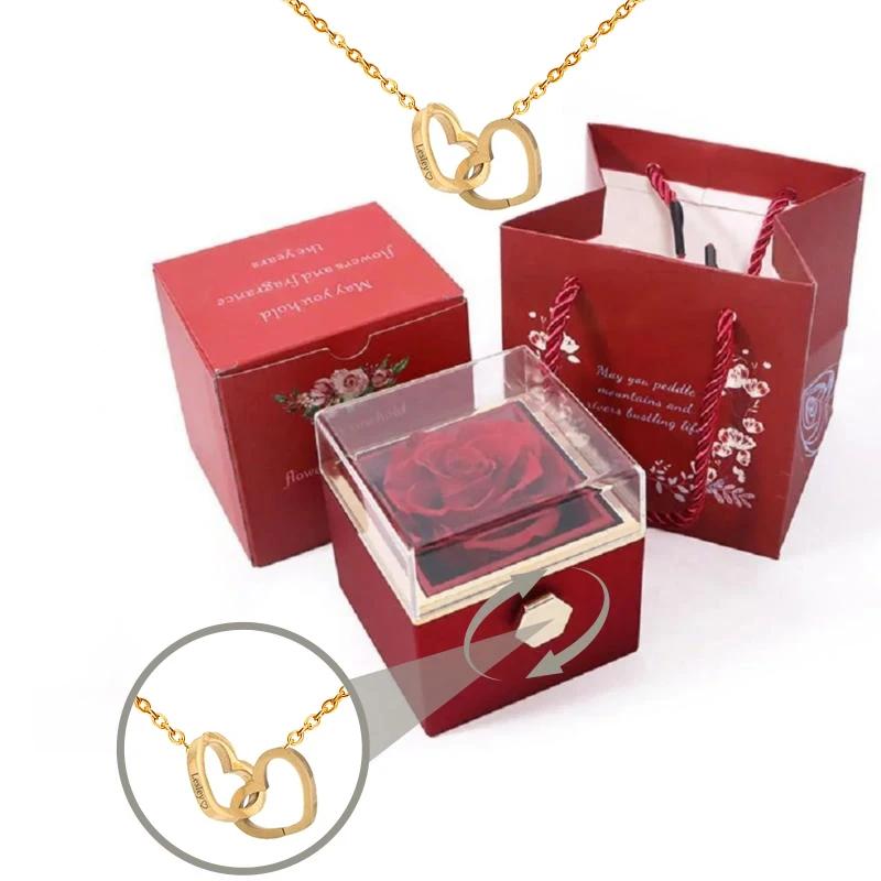 Personalized Couple's Names Heart Necklace Custom Jewelry Rotating Preserved Rose Box For Women Wife Valentine's Day Gift