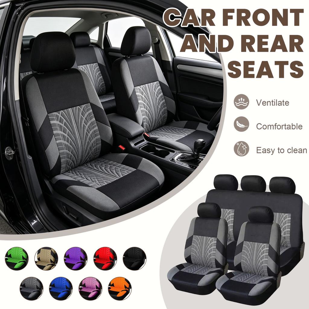 9 Piece Tire Tread Pattern Knitted Fabric Car Seat Covers Full Set Front Rear Seats Headrest Protection Durable Fit
