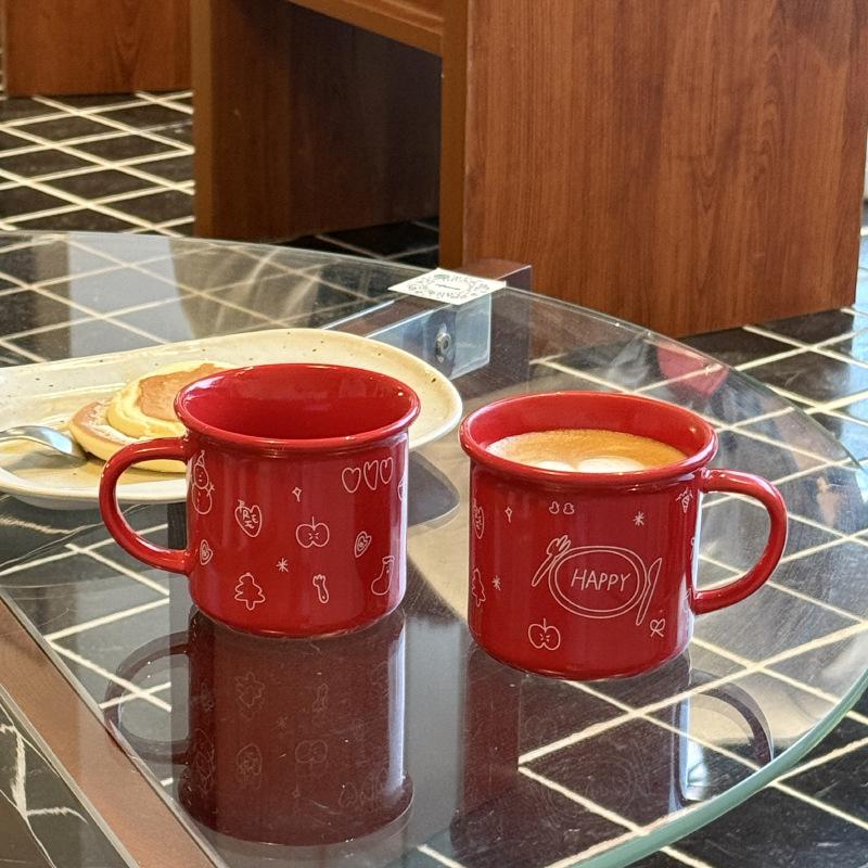 Homemade, New Year'S Red Flip Ceramic Cartoon, Eat Well, Water Cup Coffee Cup Gift