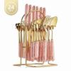 24 Piece Ceramic Stainless Steel Flatware Set Kitchen Utensil Tableware Cutlery Set with Rack for Home Restaurant Gold