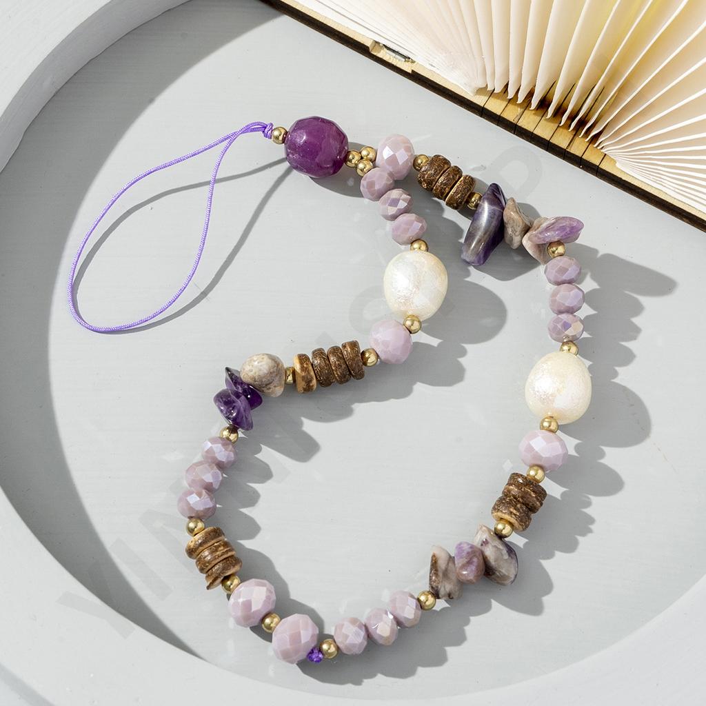 New Bohemian holiday style natural gravel mobile phone chain personalized niche crystal pearl mobile phone lanyard