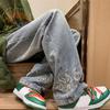 Herren Freizeitjeans Flammenmuster Große Taschen Lange Hosen Gerades Weites Bein Design High Street Used-Look Denim-Hosen