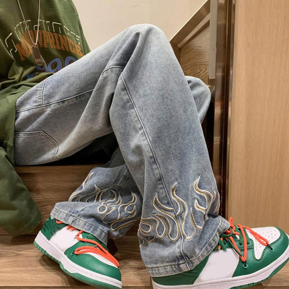 Muži Ležérní Džíny Flame vzor Velké kapsy Dlouhé kalhoty Rovné Široké nohavice High Street Distressing Denim Kalhoty