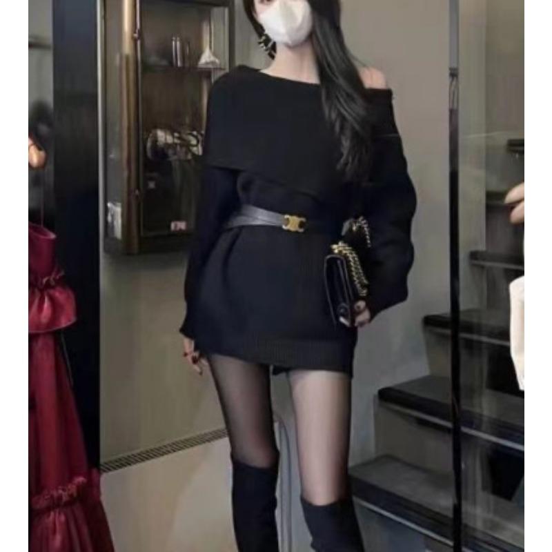 

Осень и зима новый ленивый стиль высококлассный вязаный пуловер элегантный темперамент с открытыми плечами с длинными рукавами одежда one size fits all