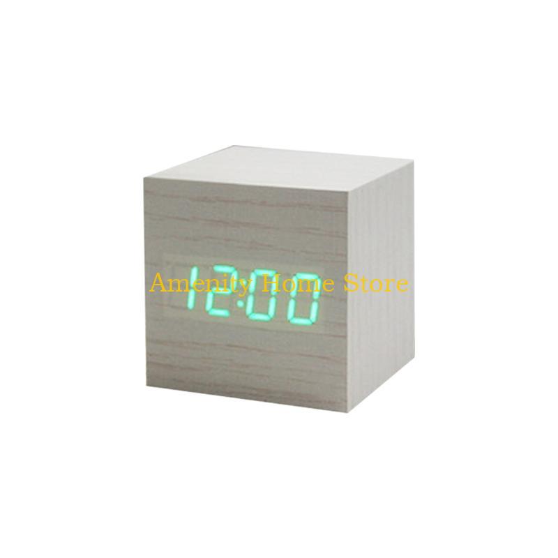 F26C Wood Cube Voice Control  Led Alarm Clock Decorative Clock Ornaments Art Crafts Supplies for Home Bedroom Dormitory
