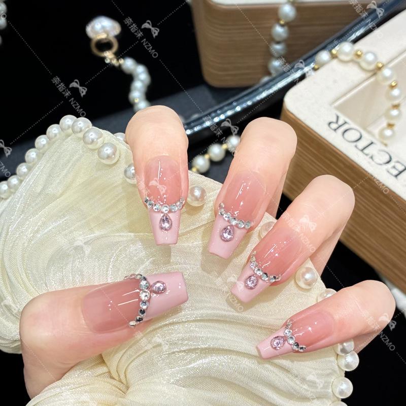 

Pink French White Rhinestone Patchwork Handmade Wearable Nails Medium - Large Fit