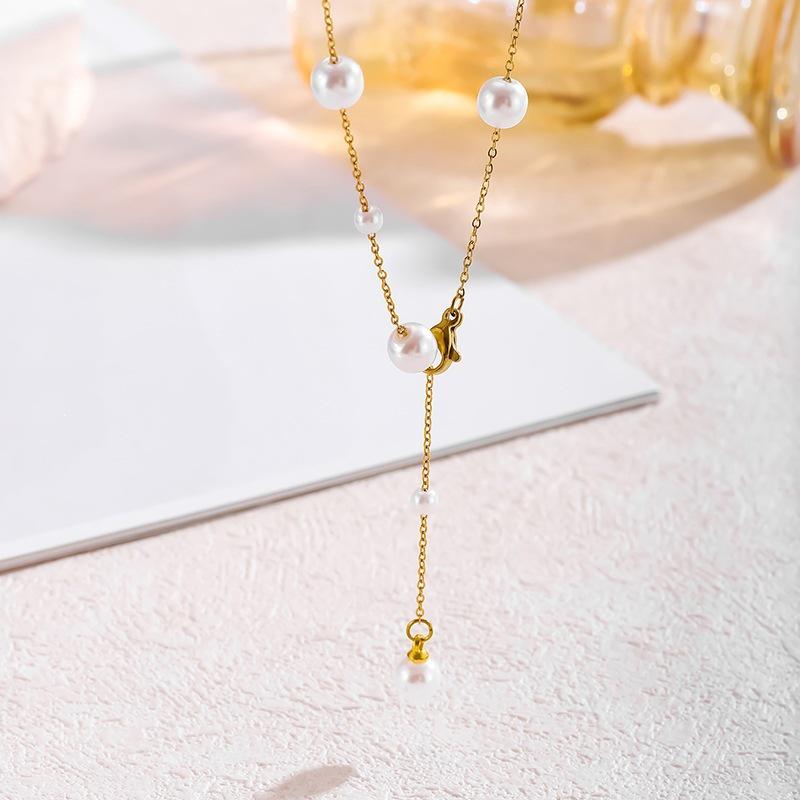 Adjustable Titanium Steel Necklace with Imitation Pearl for Women - Geometric Clavicle Chain