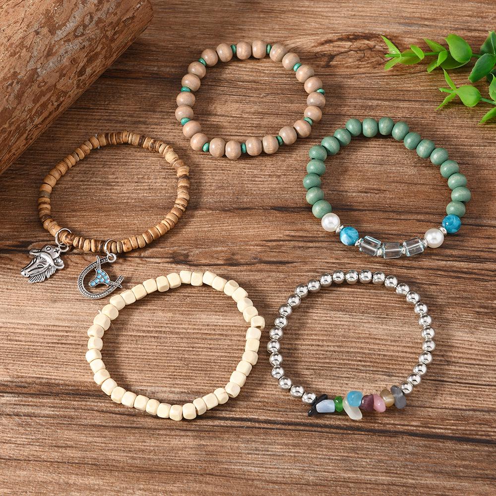 Bohemian Coconut Shell Beads & Crushed Stone Horseshoe Pendant Bracelet Set - 5 Pieces