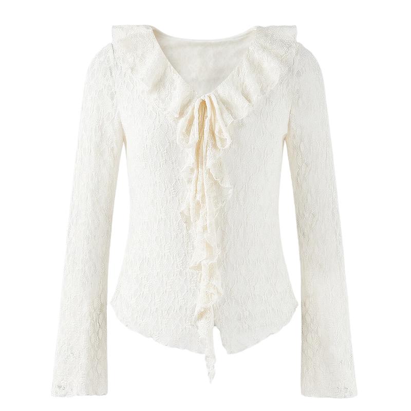 Elegant V-Neck Flared Sleeve Lace Blouse L