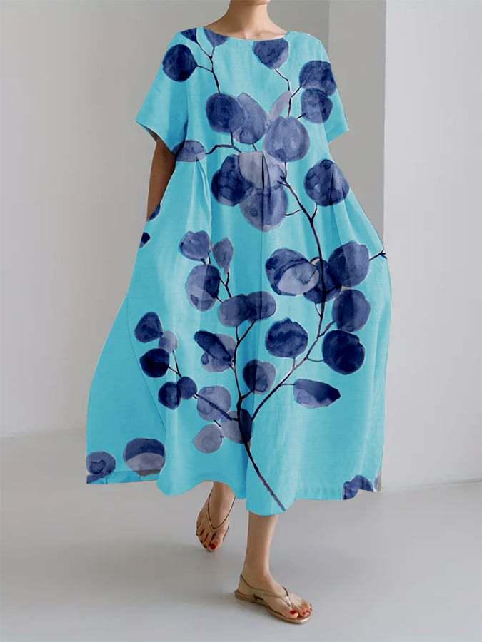 2026 Европейское и американское цветочное свободное платье с круглым вырезом, высококачественное, с коротким рукавом XL