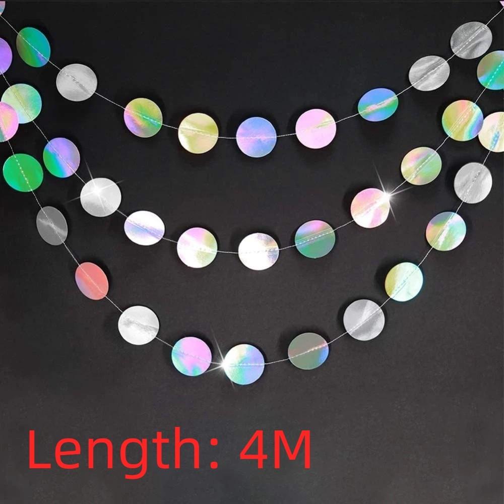 

3M/4M Length Paper Banner Shiny Iridescent Circle Garland Silver Paper Room Hanging Decoration Birthday Party Decoration
