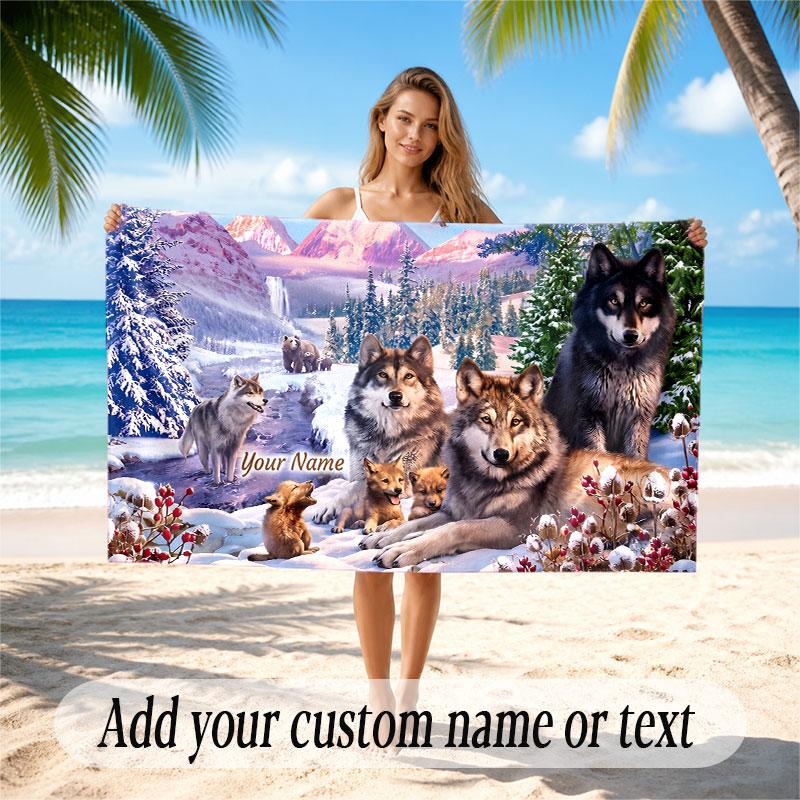 Wolf Theme Beach Towel Personalized Custom Name & Text Soft Quick Dry Beach Towel for Swimming Travel