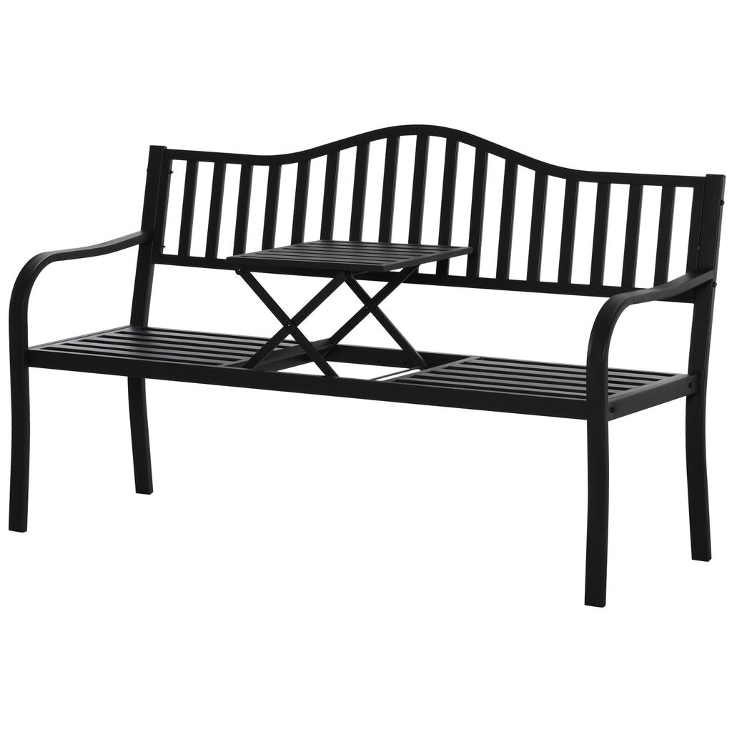 Metall-Gartenbank mit hochklappbarem Mitteltisch. Garten-Zweisitzer. Gartenbank für den Garten. Vorbau. Sitzplätze für 2–3 Personen. Schwarz